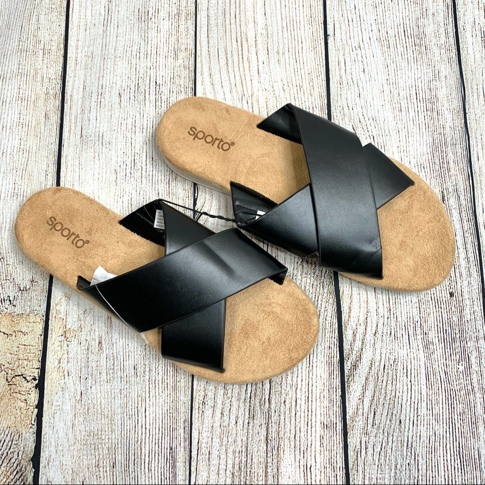 Sporto Black Leather Xandria Slides Sandals